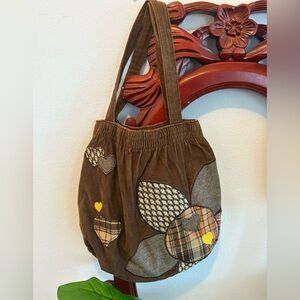 Y2K Dark Brown Corduroy Shoulder Purse with Patchwork Hearts and Flowers